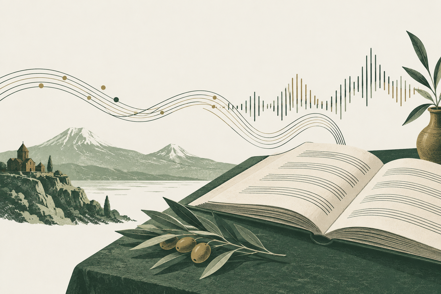 An open Armenian songbook and flowing music set against a mountain landscape