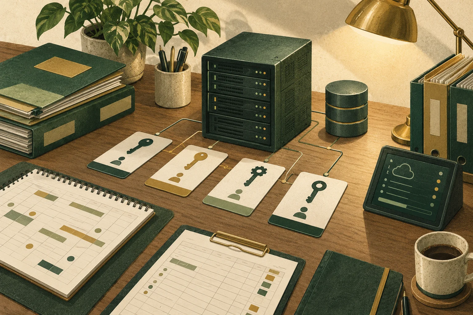 Editorial illustration of four access cards connected to a backend server, with business records, a database, and a plant