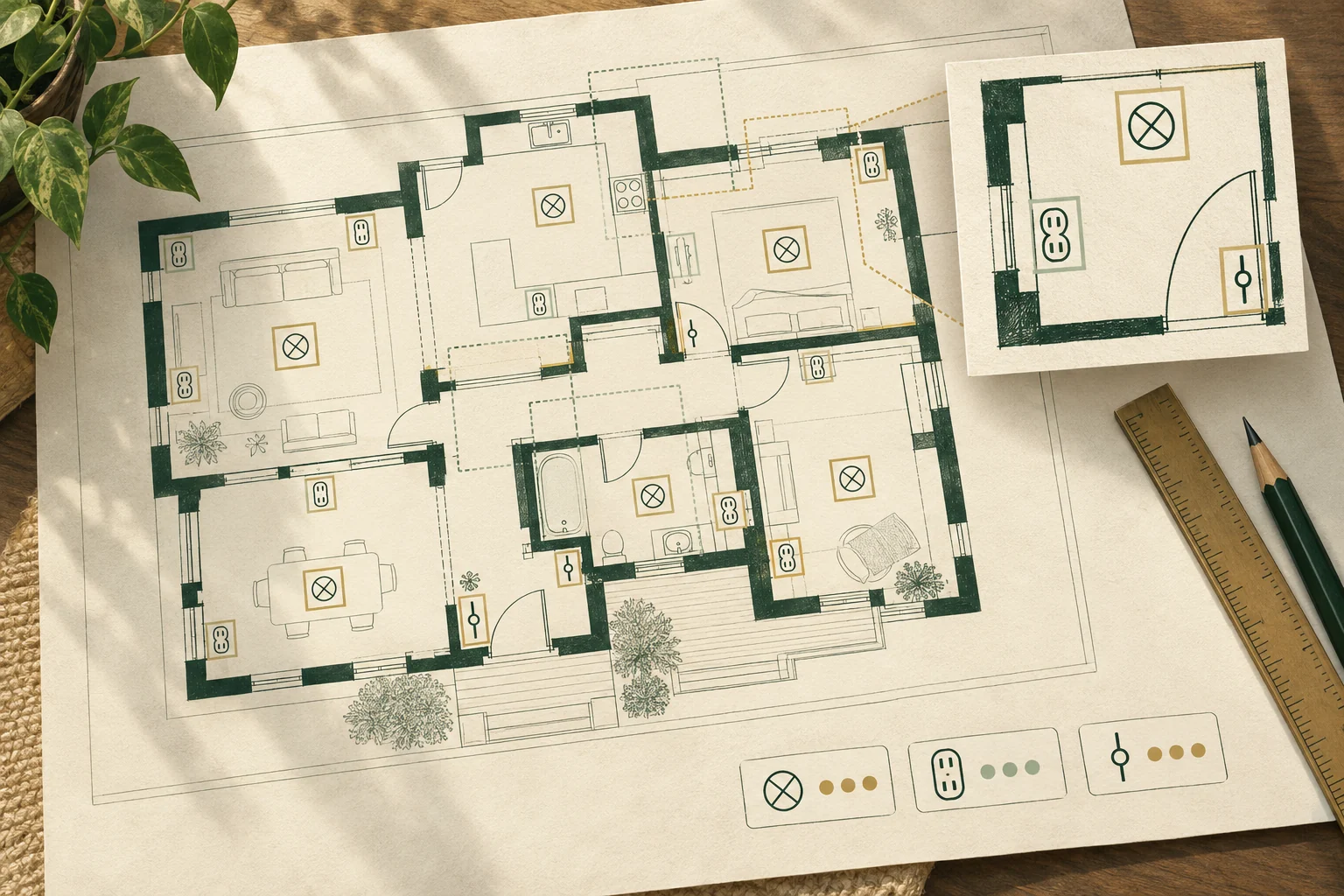 Editorial illustration of electrical symbols detected in a house plan with bounding boxes and an enlarged image patch