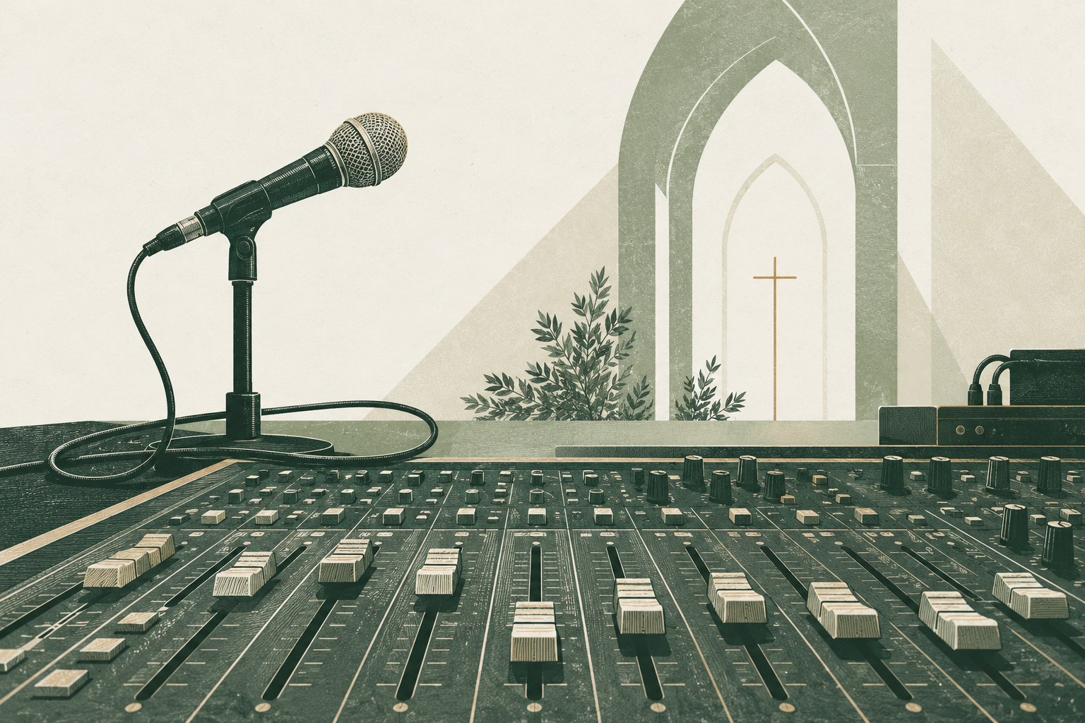 An illustrated church sound desk, microphone, and architectural arch