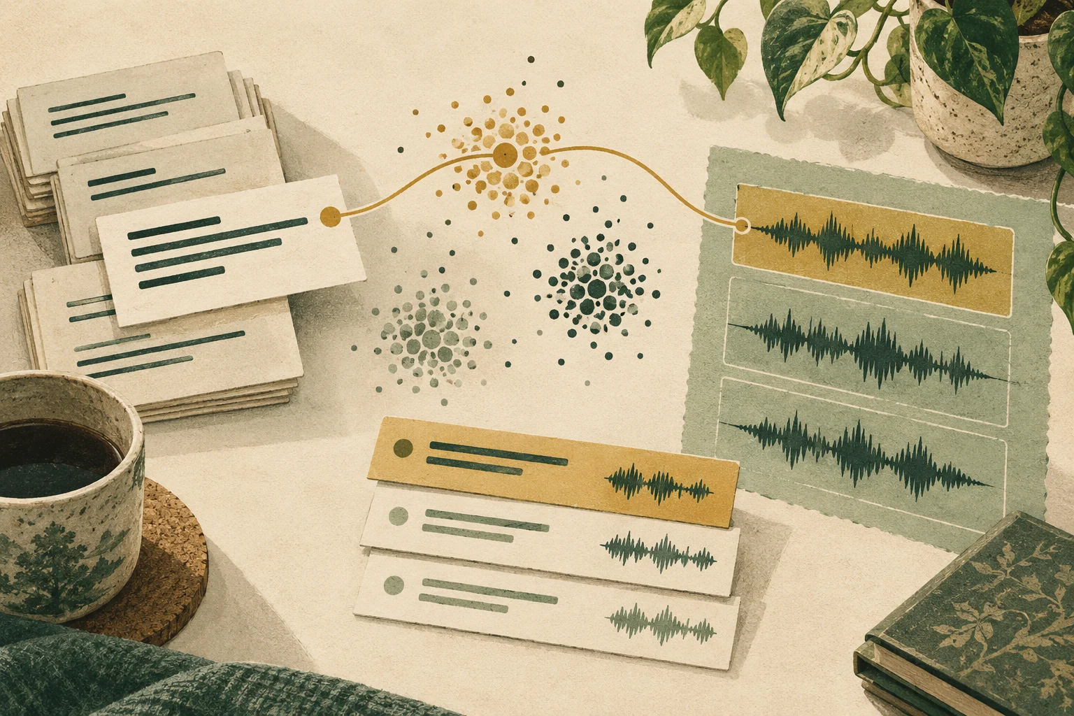 Editorial illustration connecting text cards and segmented audio waveforms through shared clusters of meaning