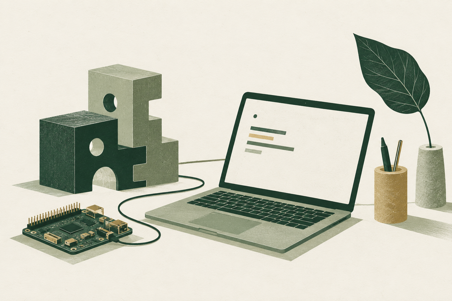 Illustrated software workbench with a laptop, architectural blocks, and a leafy plant